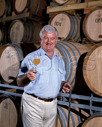 Len Evans circa 1990 died 2006 with a sample of his fermenting Chardonnay   taken from French oak barrique    Pokolbin New South Wales Australia   Lower Hunter Valley