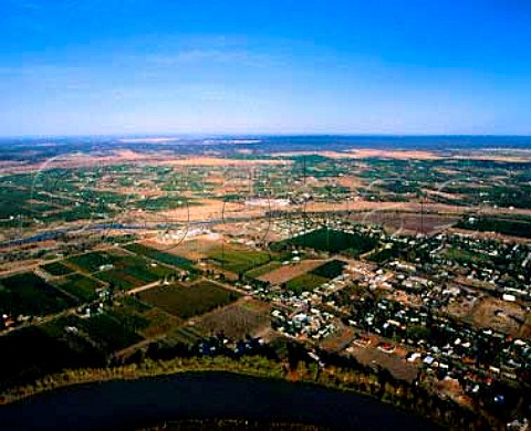 Renmano Winery and Angoves winery beyond by the   Murray River surrounded by vineyards and citrus   groves  Renmark South Australia  Riverland