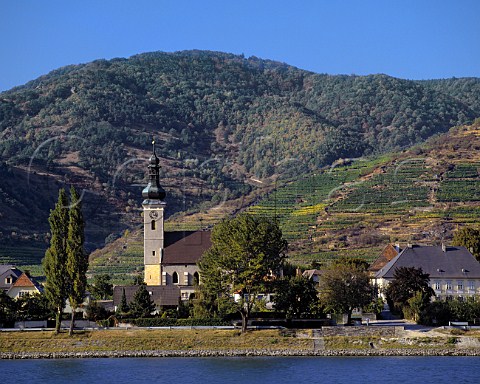 The church of Unterloiben viewed over the   Danube River with vineyards on the hill behind Niedersterreich Austria    Wachau
