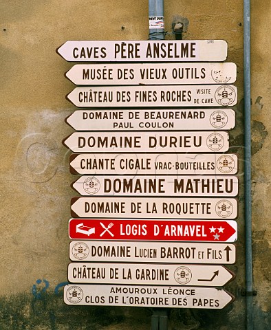 Chteaux signs at junction in ChteauneufduPape   Vaucluse France