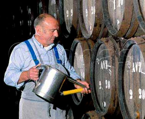 Topping up barrels of fermenting champagne at   Bollinger Ay Marne France  AVZ  Avize