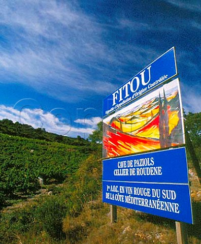 Fitou wine sign by vineyard at Paziols Aude   France