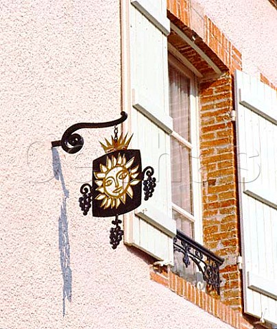 Sign hanging from the wall of a growers house in   the Champagne village of Hautvillers the home of the   abbey where Dom Perignon worked and is buried  Marne France