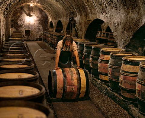 Rolling barrel through the cellar of Louis Latours Chteau de Grancey The upright barrels await filling with the new vintage AloxeCorton Cte dOr France
