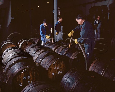 Filling barrels with grape must prior to   fermentation at Champagne Krug Reims Marne France