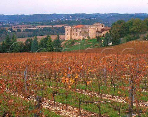 Chteau de Grezels viewed from its autumnal   vineyard in the Lot Valley upstream of   Puylvque Lot France   Cahors