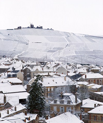 Snow blankets the vineyards and village of Verzenay  on the Montagne de Reims Marne France    Champagne