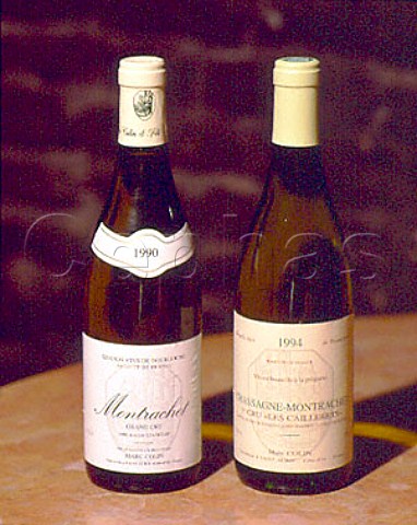 Bottle of 1990 Grand Cru Montrachet and 1994 Premier   Cru Les Caillerets ChassagneMontrachet in the   tasting room of Marc Colin Gamay Cote dOr France