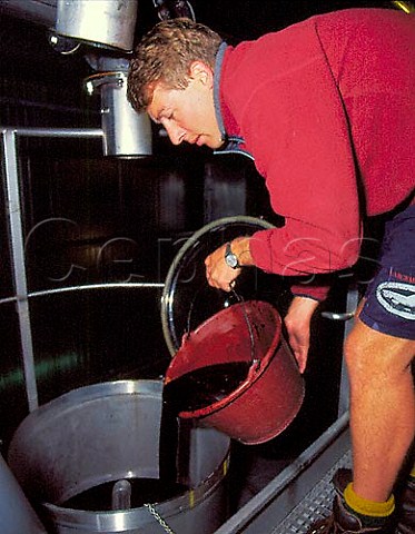Winemaker adding tannin to a tank of fermenting Merlot Union de Producteurs de Rauzan Gironde France   Bordeaux  EntreDeuxMers