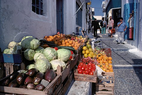 Fruit and vegetables on sale in back street of Thira   Santorini Cyclades Islands Greece
