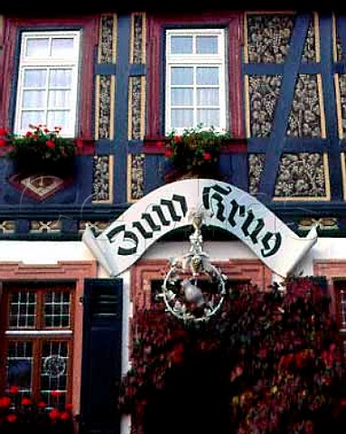 Ornamental faade of Hotel Zum Krug in the wine   village of Hattenheim Germany    Rheingau