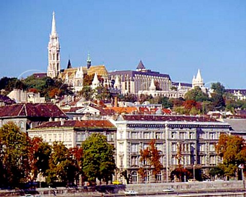 Looking west over the Danube Budapest On the hill left to right are St Matthias Church Hilton Hotel and Fishermans Bastion