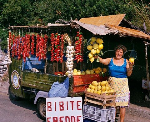 Woman selling Amalfi lemons garlic and chillies by the roadside Positano Campania Italy