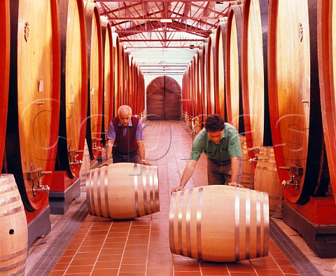 Rolling barriques through the Botti hall at the San Casciano cellars of Antinori Tuscany Italy Chianti