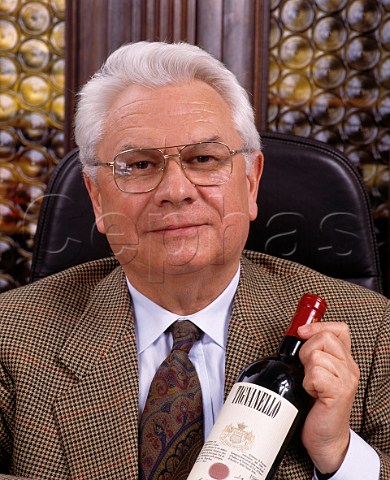 Giacomo Tachis died 2016 former winemaker for  Antinori with a bottle of his Tignanello Tuscany Italy