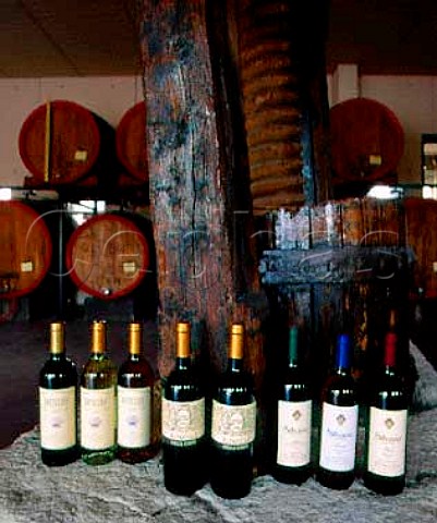 Some of Firriatos range of wines standing on an old   press in their barrel room Paceco Trapani province   Sicily