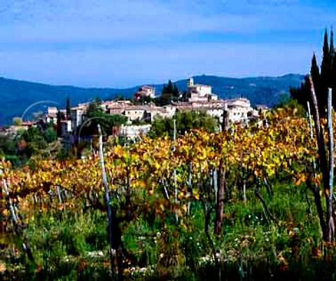 Montefiorale viewed over vineyard near Greve in   Chianti Tuscany Italy Chianti Classico