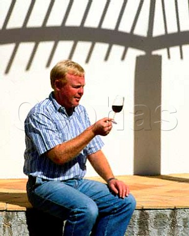 John Buck general manager of Te Mata Estate with a glass of his Coleraine CabernetMerlot outside his winery Havelock North near Hastings Hawkes Bay NZ  North Island
