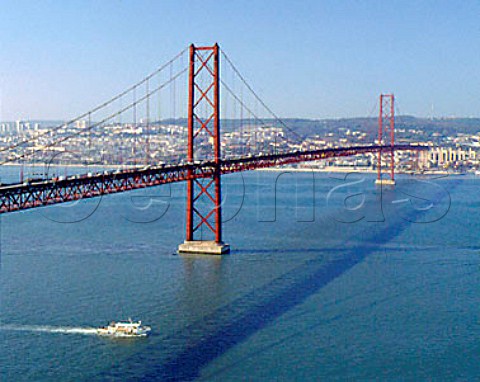 The 25th April Bridge and Lisbon viewed over the   Tagus estuary Portugal