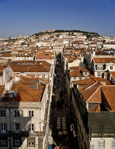 View along the Rua de Santa Justa to the castle from the top of Elevador Santa Justa Lisbon Portugal