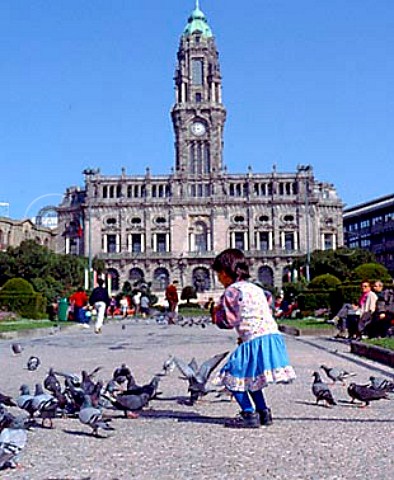 Young girl with pigeons  the Town Hall at the top   of Avenida dos Aliados is beyond  Porto Portugal