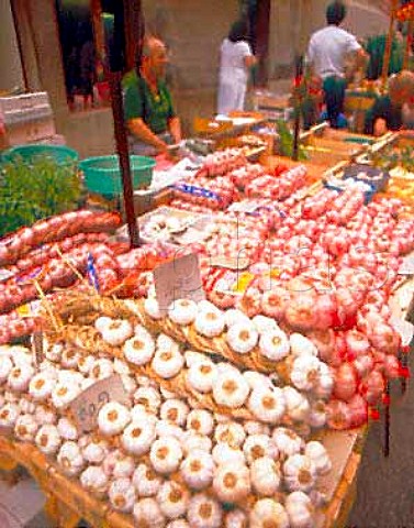 Garlic on sale Palafrugell market Catalonia Spain