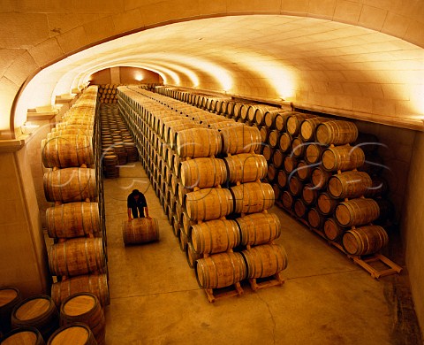 Rolling barrel through the barrel cellar of Bodegas Campillo Laguardia Alava Spain  Rioja Alavesa