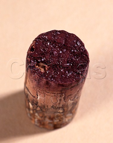 Tartrate crystals from red wine on the end of a cork