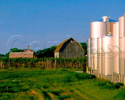 Stainless steel fermentation tanks at Pindar   Vineyards with Lenz Winery in background Peconic   Long Island North Fork New York