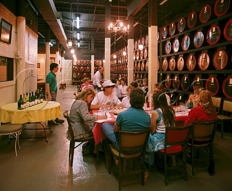 Restaurant workers tasting wines in the barrel cellar of The Pleasant Valley Wine Company Hammondsport New York USA  Finger Lakes