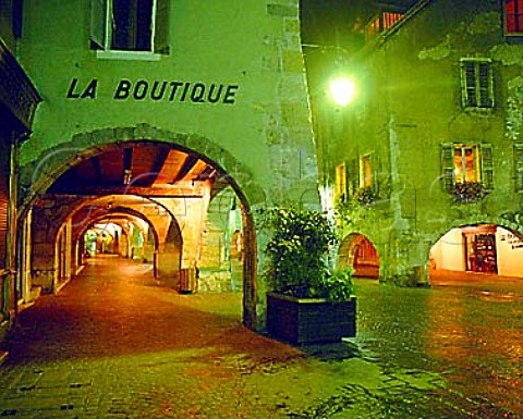 La Rue Sainte Claire at night in the center of   Annecy near Geneva  HauteSavoie France   RhneAlpes