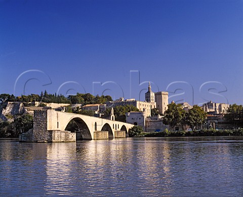 SaintBenezet Bridge made famous by the song   Sur le Pont dAvignon and the 14thcentury   Palais des Papes viewed over the River Rhne   Avignon Vaucluse France