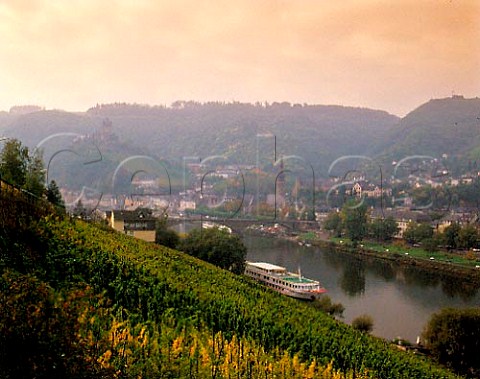 Reichsburg castle in the distance overlooking the   town of Cochem in the Mosel valley  Germany           Mosel
