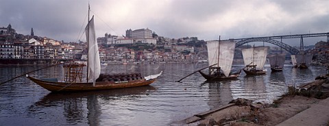 Barcos Rabelos moored on the Douro at   Vila Nova de Gaia across the river from Porto   Portugal