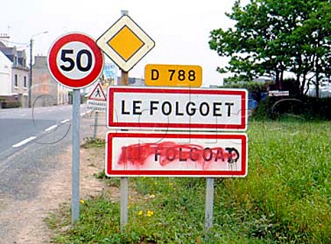 Road signs for Le Folgoet anti Breton vandals have painted out the Breton name for the town  Brittany   France