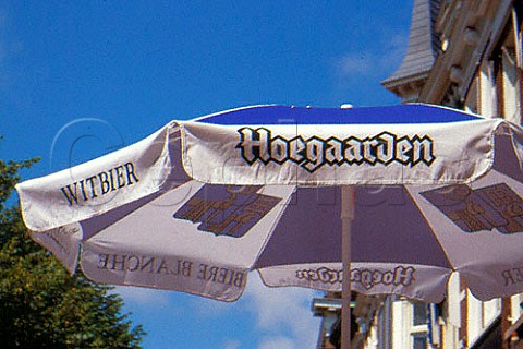 Hoegaarden White Beer advert on bar   umbrella Belgium