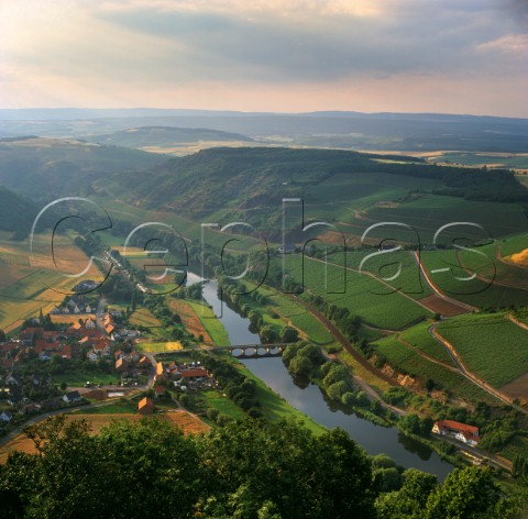 Village and vineyards of Oberhausen with its bridge over the Nahe River  Germany   Nahe