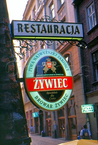 Illuminated sign advertising Zywiec   beer Krakow Poland