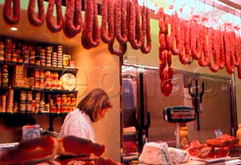 Butchers stall in covered market at   Logrono Old Castile    Rioja