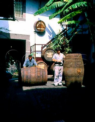 Tightening hoops on barrels in courtyard of Adegas   de Sao Francisco Funchal Owned by the Madeira Wine   Company
