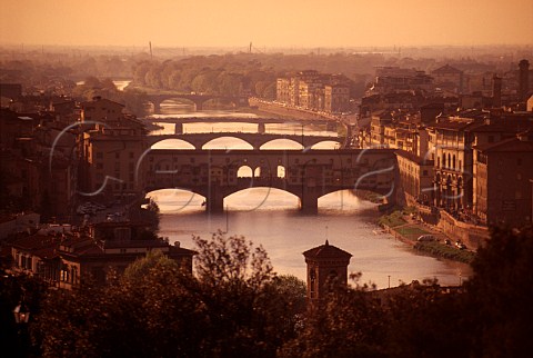 View over the Arno River and   Ponte Vecchio at sunset   Florence Tuscany Italy