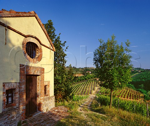 The 12thcentury Capella di Santo Stefano above the Santo Stefano di Perno vineyard Monforte dAlba Piemonte Italy  Barolo