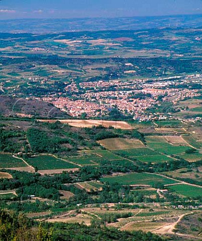 Vineyards surround the town of Limoux in the Aude   valley  viewed from the 654metre high   Pic de Brau     Aude France