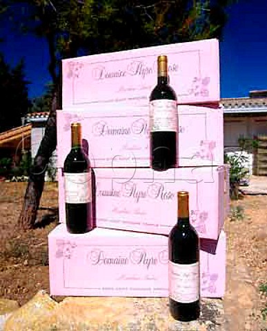 Pink wine boxes and labels of Domaine Peyre Rose Many things are pink here in honour of Rose the mother of owner Marlne Soria  StPargoire Hrault France    Coteaux du Languedoc