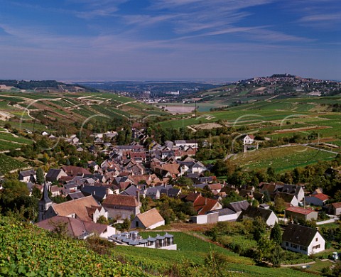 View over village and vineyards of Chavignol with the hilltop town of   Sancerre in distance and the winery of Henri Bourgeois at bottom left    Cher France   AC Sancerre