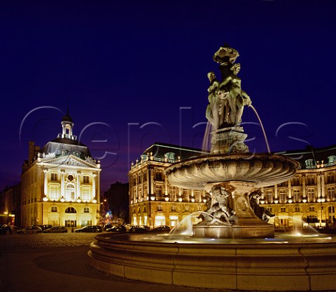 Fountain in the Place de la Bourse with the Palais  de la Bourse beyond  Bordeaux Gironde France