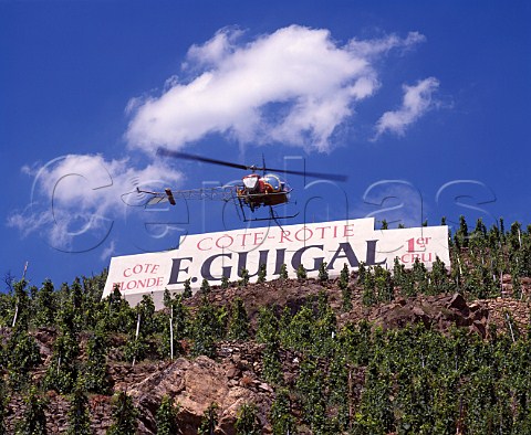 Helicopter spraying a Guigal vineyard on the  Cte Rotie Ampuis Rhne France