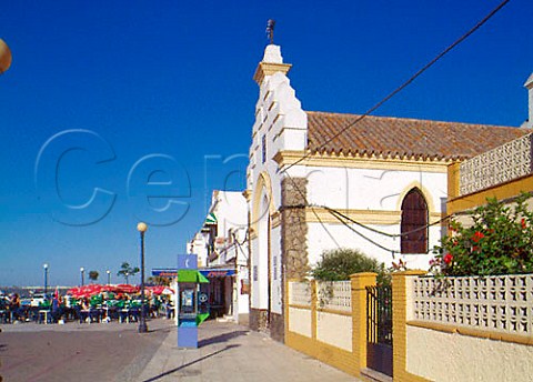 Restaurant and church on the waterfront in Sanlcar   de Barrameda Andaluca Spain     Manzanilla  Sherry