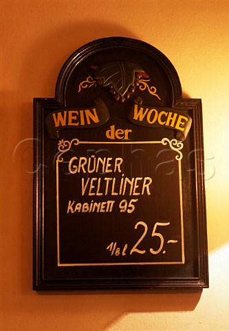 Sign for Grner Veltliner sold by the   18 litre in Heurige Muth Heiligenstadt   Vienna Austria
