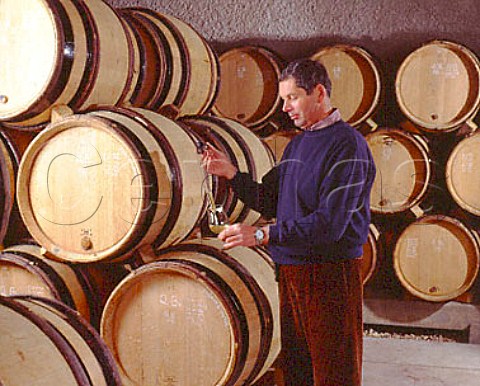 Pierre Morey matre de chai checking on the   progress of his wines in barrel  Domaine Leflaive PulignyMontrachet   Cte dOr France